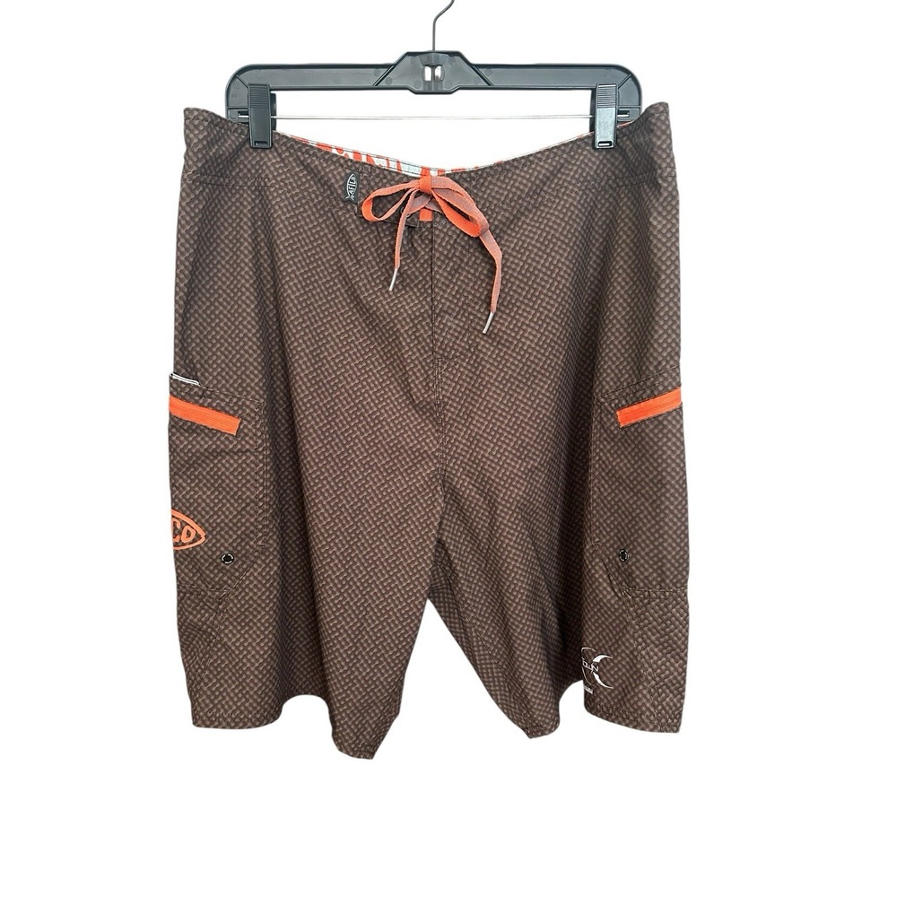 AFTCO Men's 36 Fishing Stingray Board Shorts‎ 10" Inseam Brown Swim Beach #HH4-1
